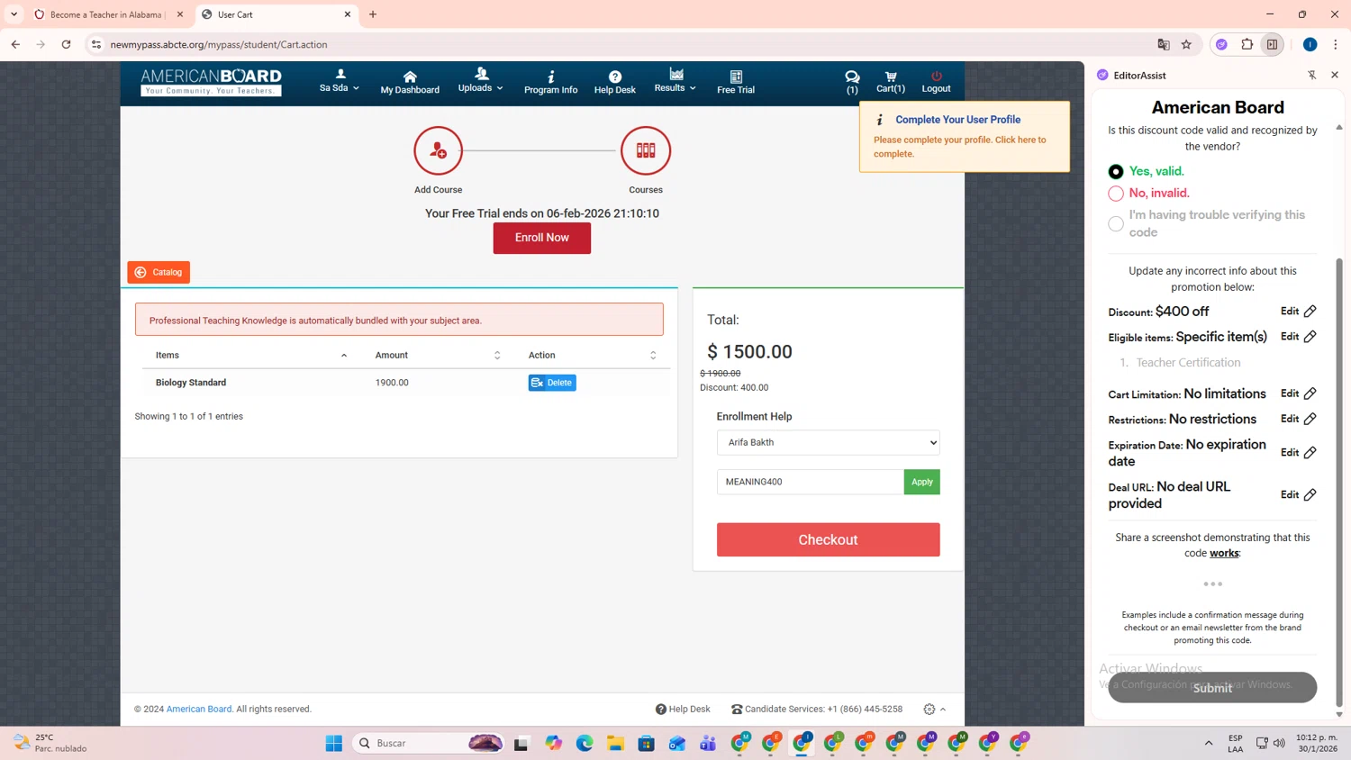 American Board checkout page showing American Board coupon code box | Screenshot taken by SimplyCodes community member on Jan 31, 2026