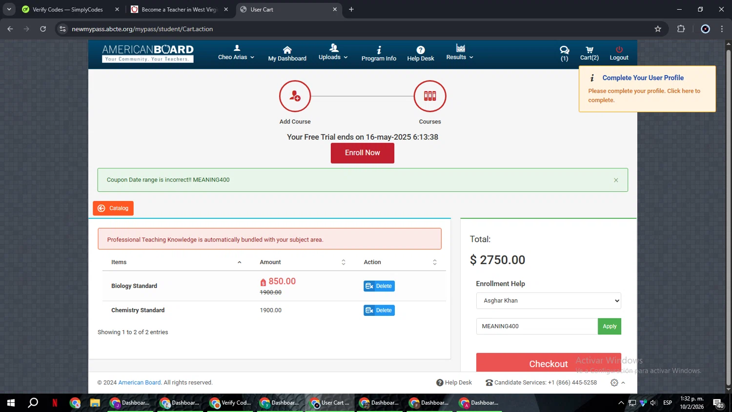 American Board checkout page showing American Board coupon code box | Screenshot taken by SimplyCodes community member on Feb 10, 2026