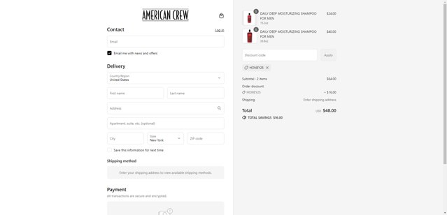 American Crew checkout page showing American Crew discount code box | Screenshot taken by SimplyCodes community member on Sep 3, 2025
