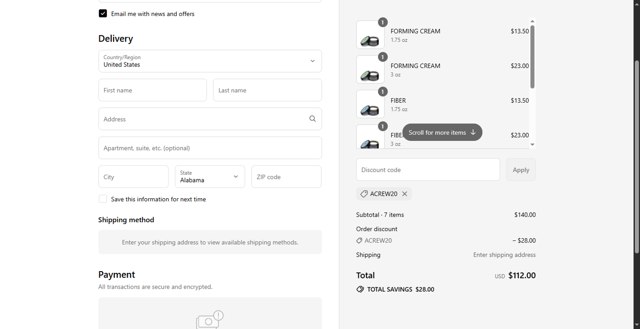 American Crew checkout page showing American Crew discount code box | Screenshot taken by SimplyCodes community member on Aug 30, 2025