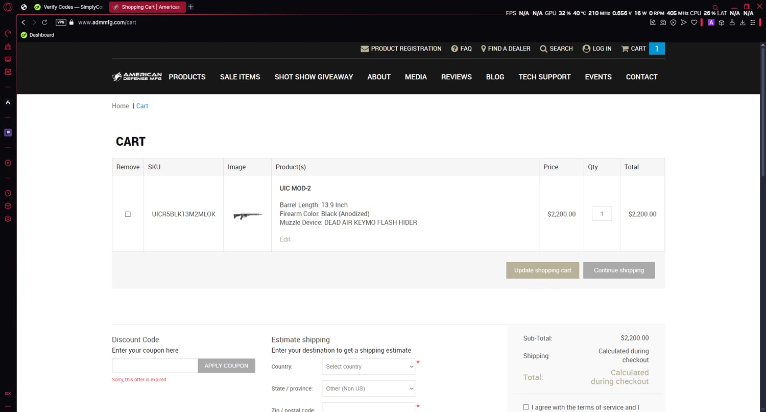 American Defense MFG coupon code screenshot showing code TACTICALTURKEY applied at American Defense MFG checkout page. Uploaded by SimplyCodes community member LuckyAce8014 on Jan 31, 2025