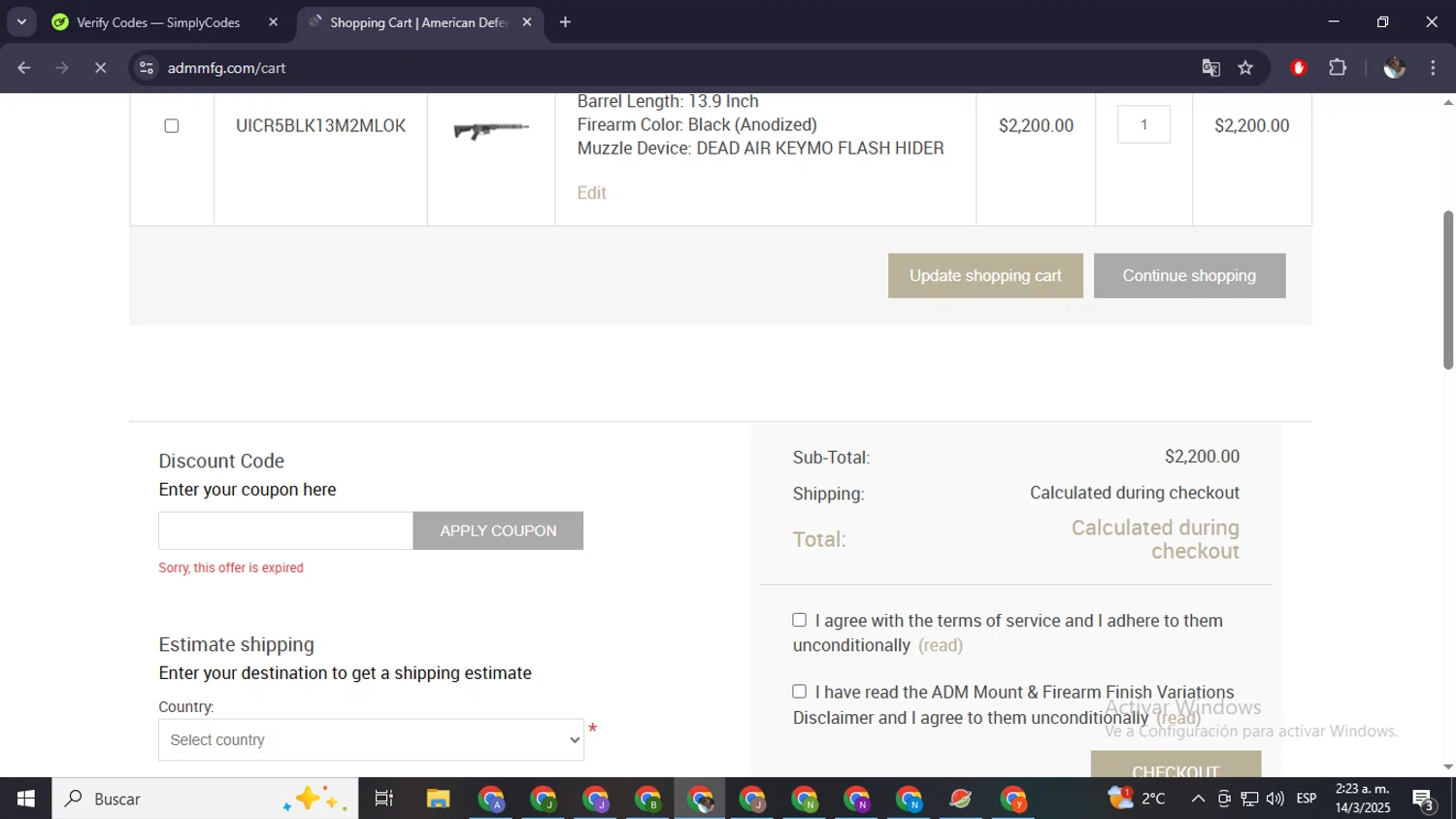 American Defense MFG coupon code screenshot showing code TACTICALTURKEY applied at American Defense MFG checkout page. Uploaded by SimplyCodes community member eliholuiscampos1 on Mar 14, 2025
