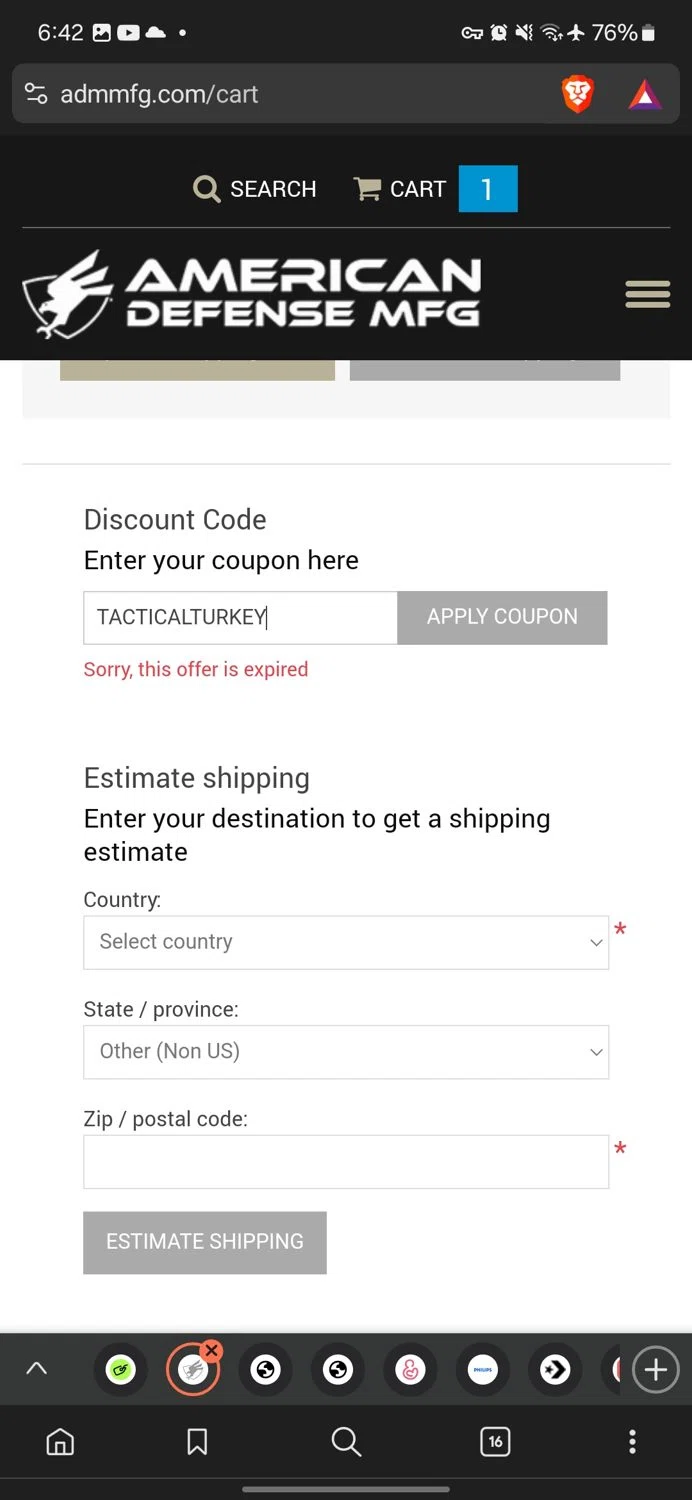American Defense MFG coupon code screenshot showing code TACTICALTURKEY applied at American Defense MFG checkout page. Uploaded by SimplyCodes community member conorgrey on Jan 31, 2025