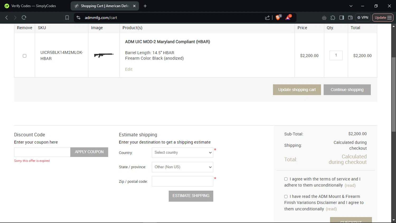 American Defense MFG coupon code screenshot showing code MEMORIALDAY10 applied at American Defense MFG checkout page. Uploaded by SimplyCodes community member PromoSpotter1784 on Feb 5, 2025