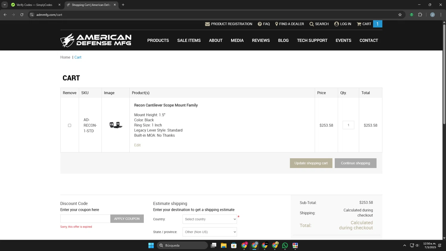 American Defense MFG coupon code screenshot showing code SLOPPY10 applied at American Defense MFG checkout page. Uploaded by SimplyCodes community member Khaiden on Mar 7, 2025