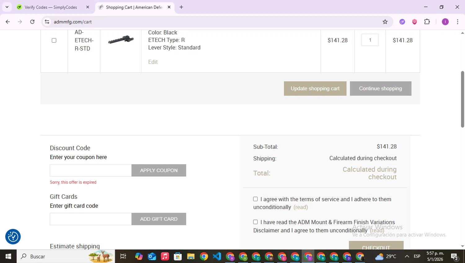 American Defense MFG coupon code screenshot showing code Gunrun2025 applied at American Defense MFG checkout page. Uploaded by SimplyCodes community member RebateAce6764 on Jan 5, 2026