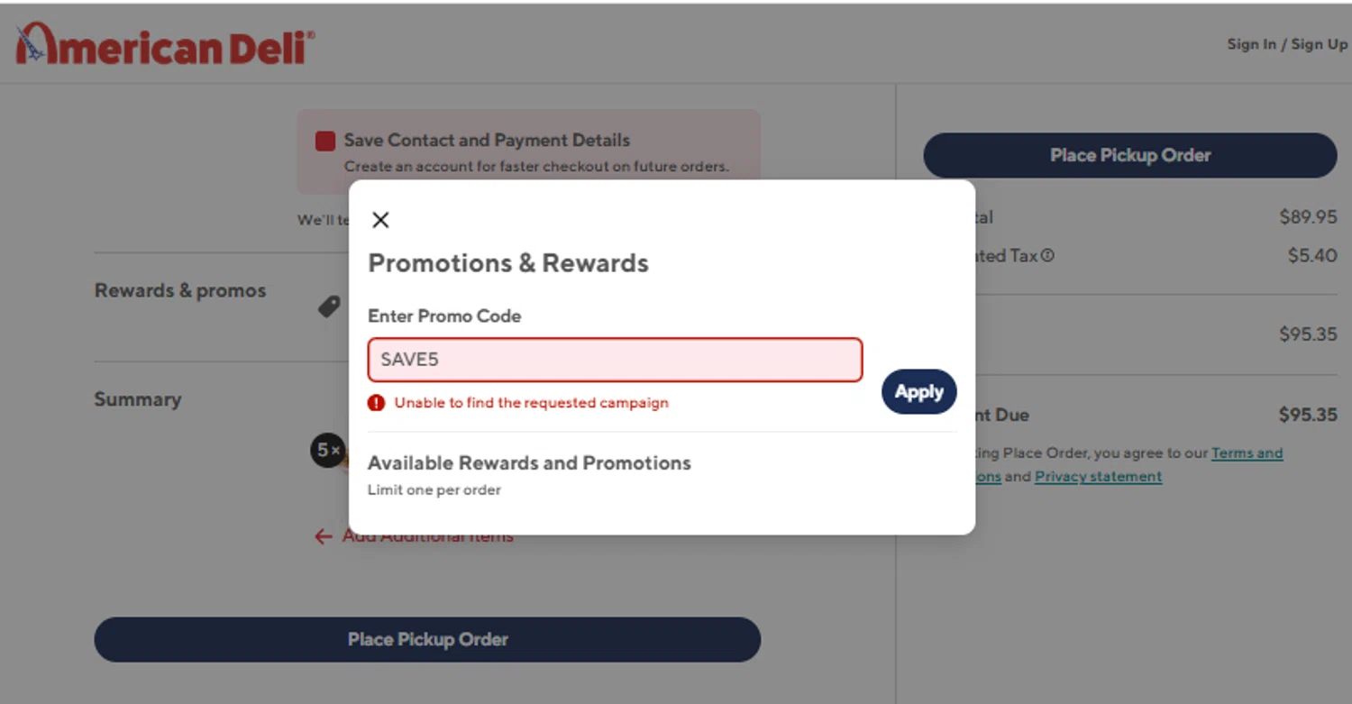 American Deli promo code screenshot showing code SAVE5 applied at American Deli checkout page. Uploaded by SimplyCodes community member Franyer12 on Mar 10, 2025
