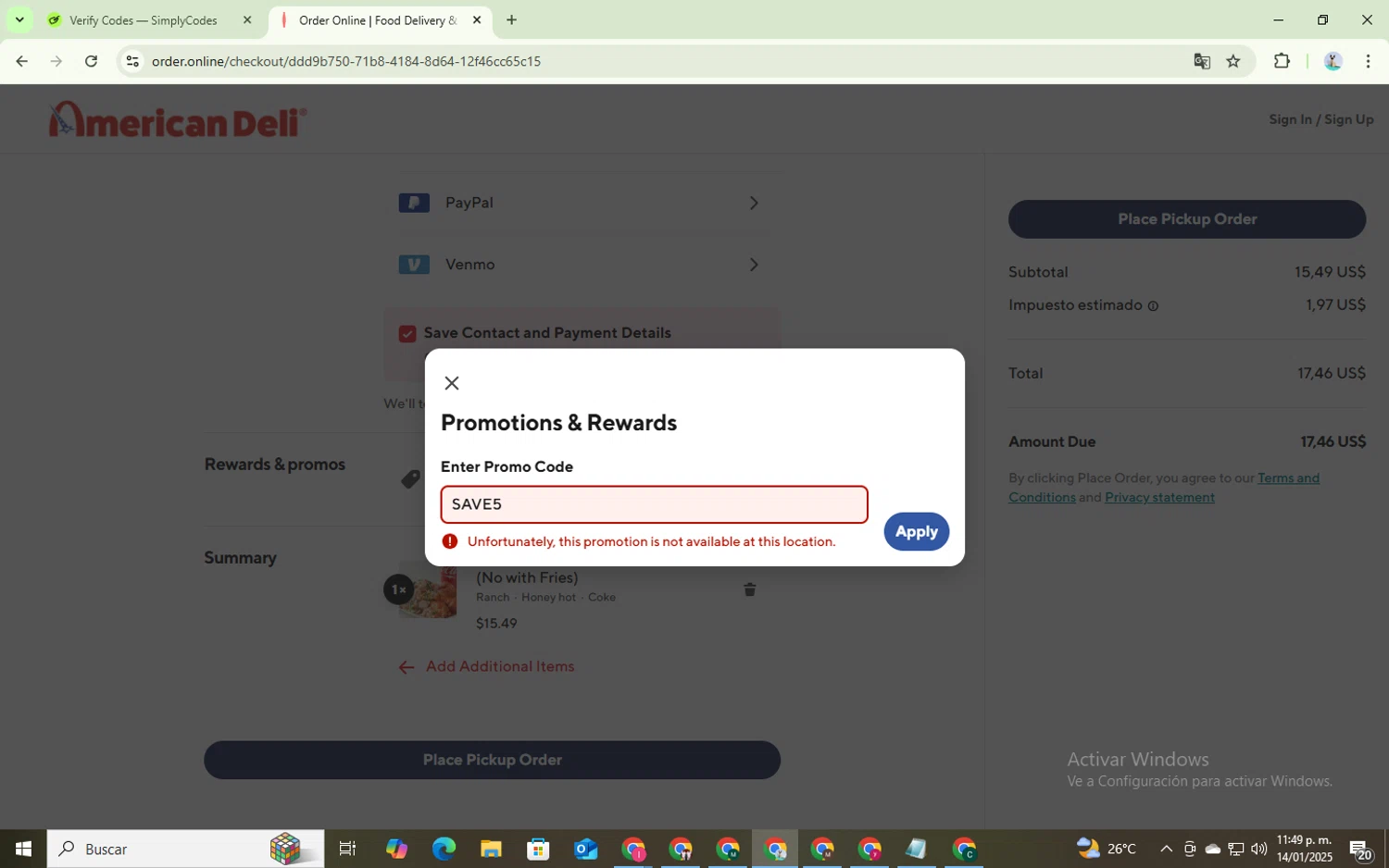 American Deli checkout page showing American Deli promo code box | Screenshot taken by SimplyCodes community member on Jan 15, 2025