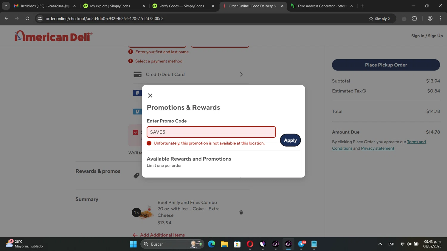 American Deli checkout page showing American Deli promo code box | Screenshot taken by SimplyCodes community member on Feb 9, 2025