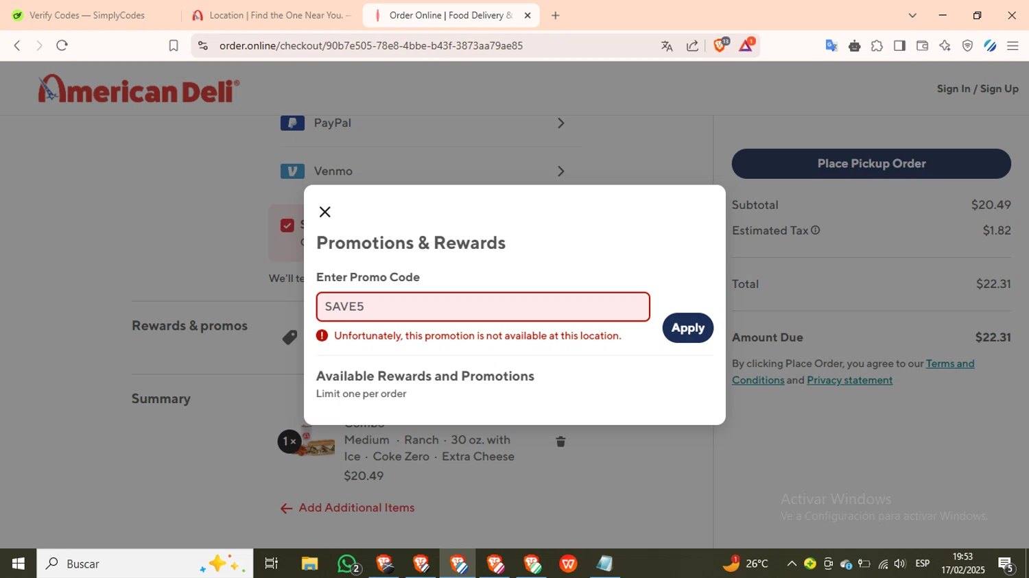 American Deli checkout page showing American Deli promo code box | Screenshot taken by SimplyCodes community member on Feb 17, 2025