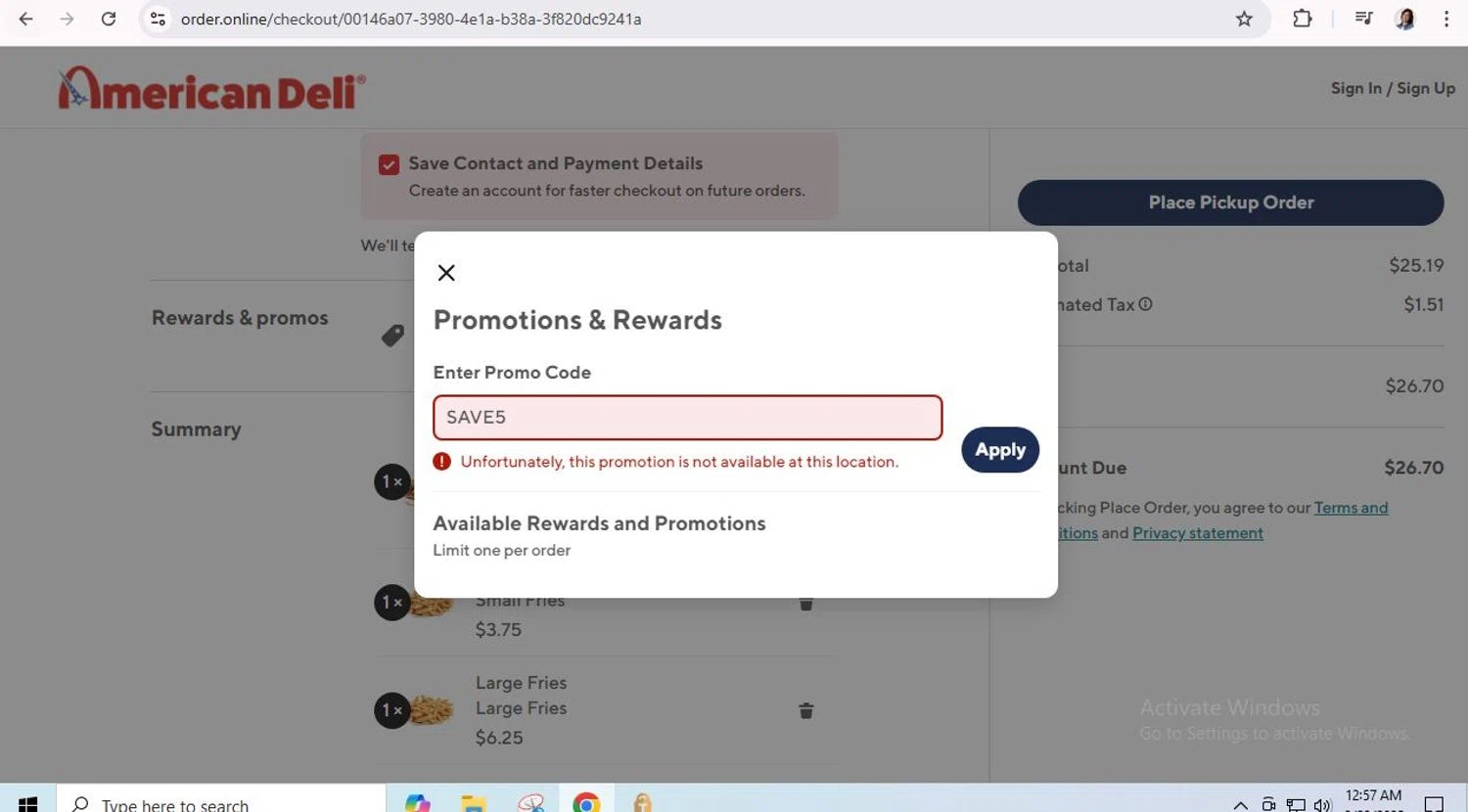 American Deli checkout page showing American Deli promo code box | Screenshot taken by SimplyCodes community member on Feb 23, 2025