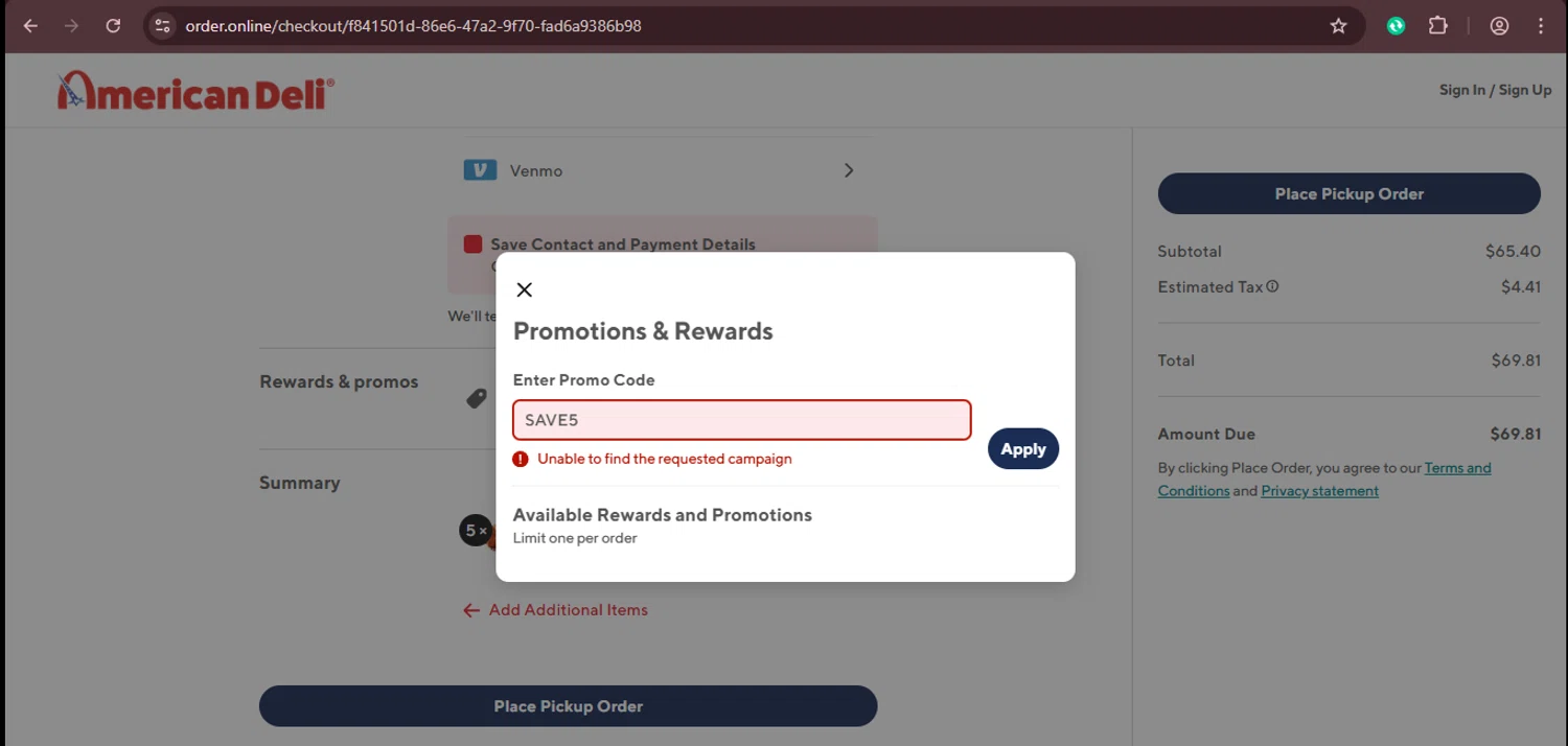 American Deli promo code screenshot showing code SAVE5 applied at American Deli checkout page. Uploaded by SimplyCodes community member xaswqe on Mar 10, 2025