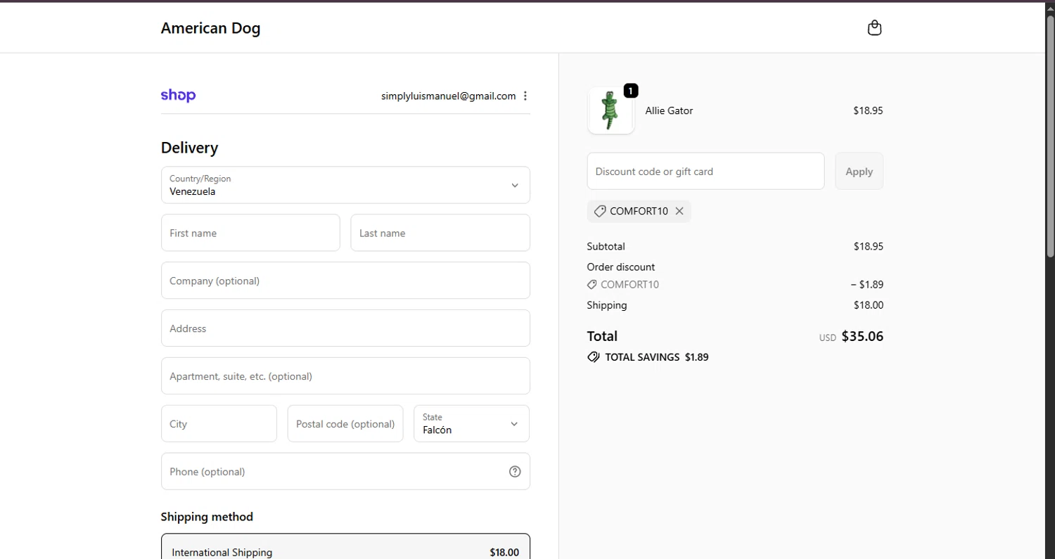 American Dog promo code screenshot showing code COMFORT10 applied at American Dog checkout page. Uploaded by SimplyCodes community member CouponHero3179 on Sep 30, 2025