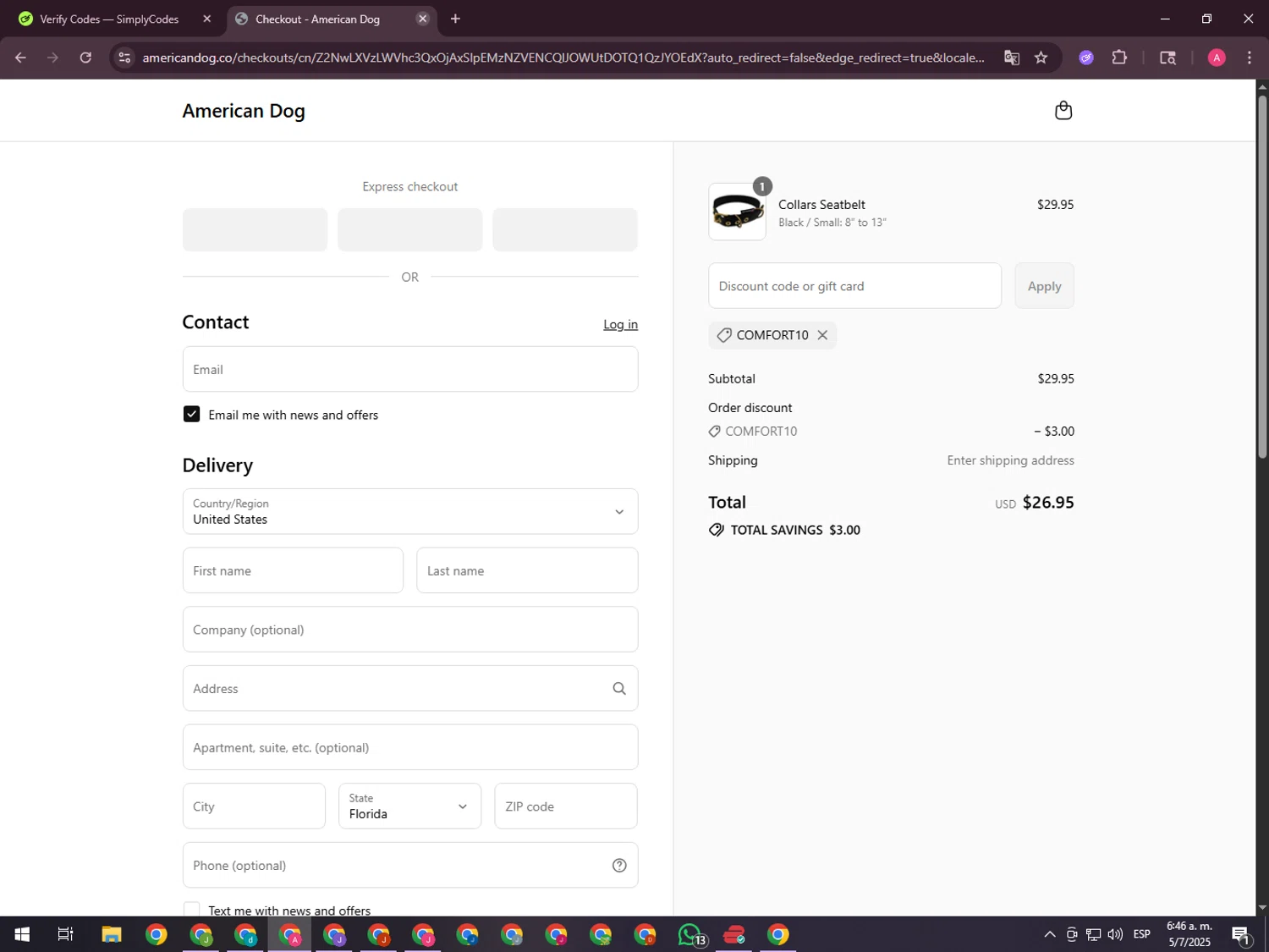 American Dog promo code screenshot showing code COMFORT10 applied at American Dog checkout page. Uploaded by SimplyCodes community member CrownHawk3462 on Jul 5, 2025