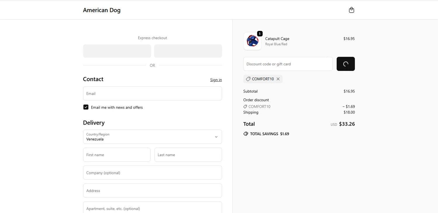 American Dog promo code screenshot showing code COMFORT10 applied at American Dog checkout page. Uploaded by SimplyCodes community member MagnifiHero3476 on Dec 26, 2025