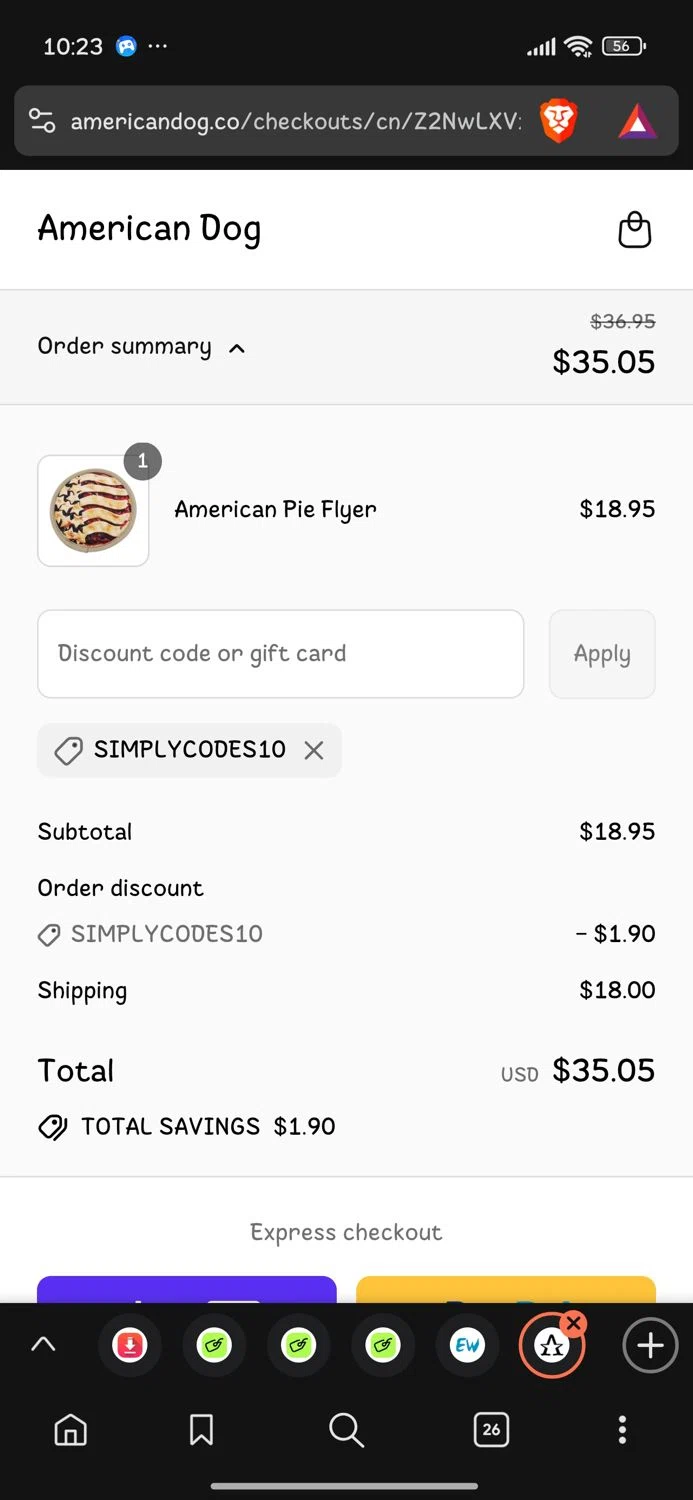 American Dog promo code screenshot showing code SIMPLYCODES10 applied at American Dog checkout page. Uploaded by SimplyCodes community member Dejadepicharme on Jul 14, 2025