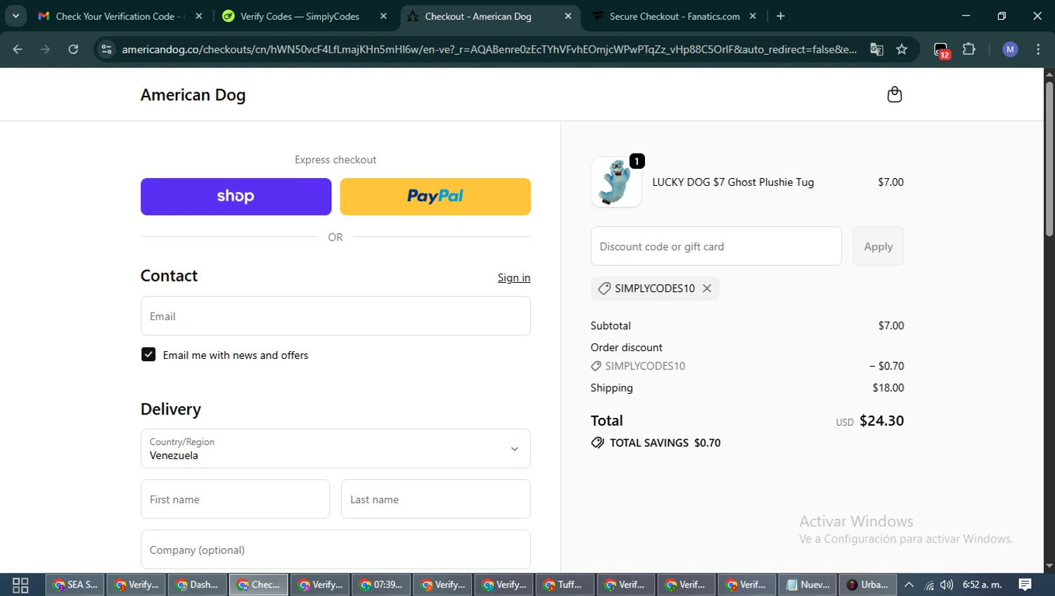 American Dog promo code screenshot showing code SIMPLYCODES10 applied at American Dog checkout page. Uploaded by SimplyCodes community member PrimeFox5260 on Nov 7, 2025