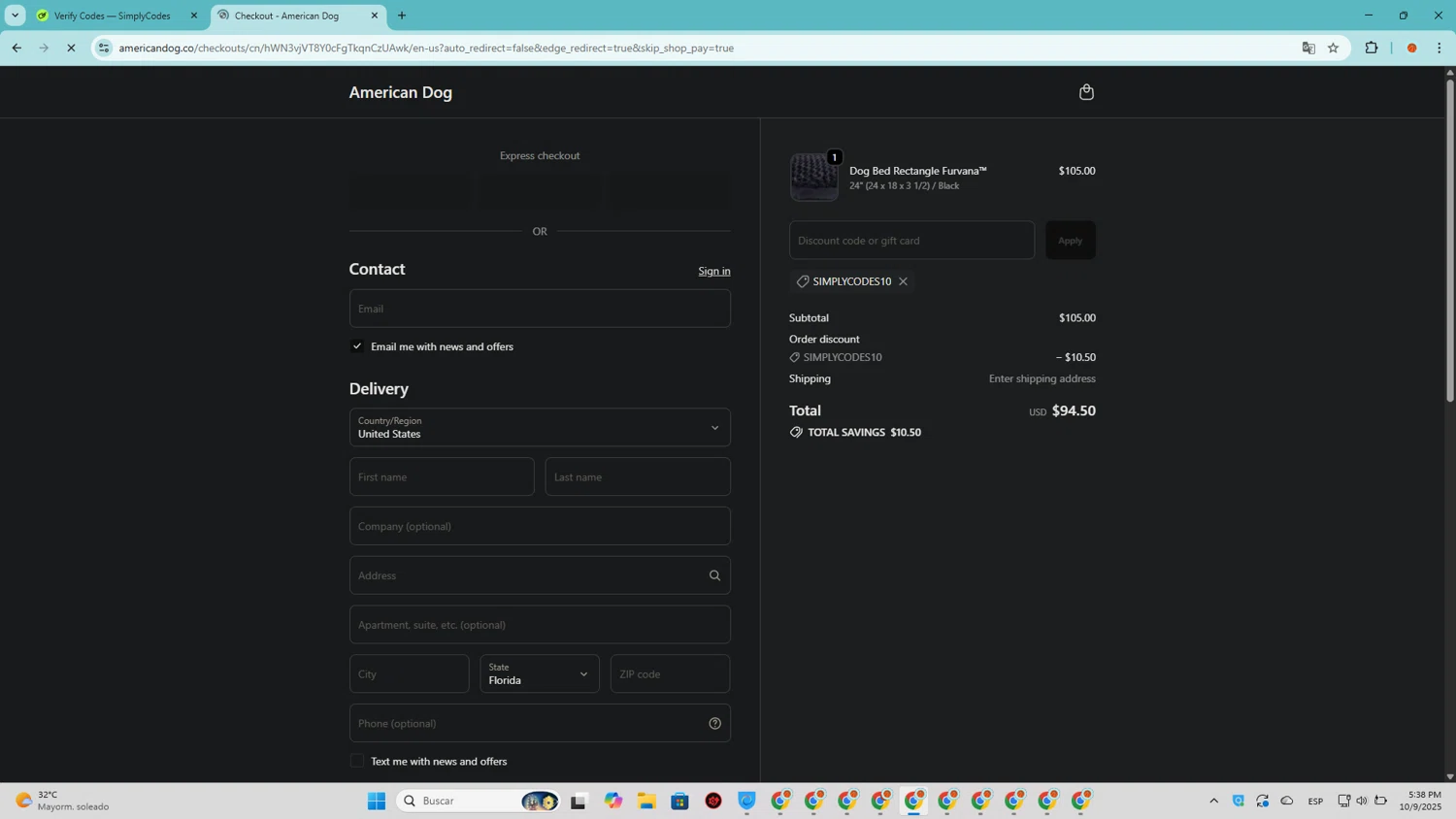 American Dog promo code screenshot showing code SIMPLYCODES10 applied at American Dog checkout page. Uploaded by SimplyCodes community member SavingsRanger5017 on Oct 9, 2025