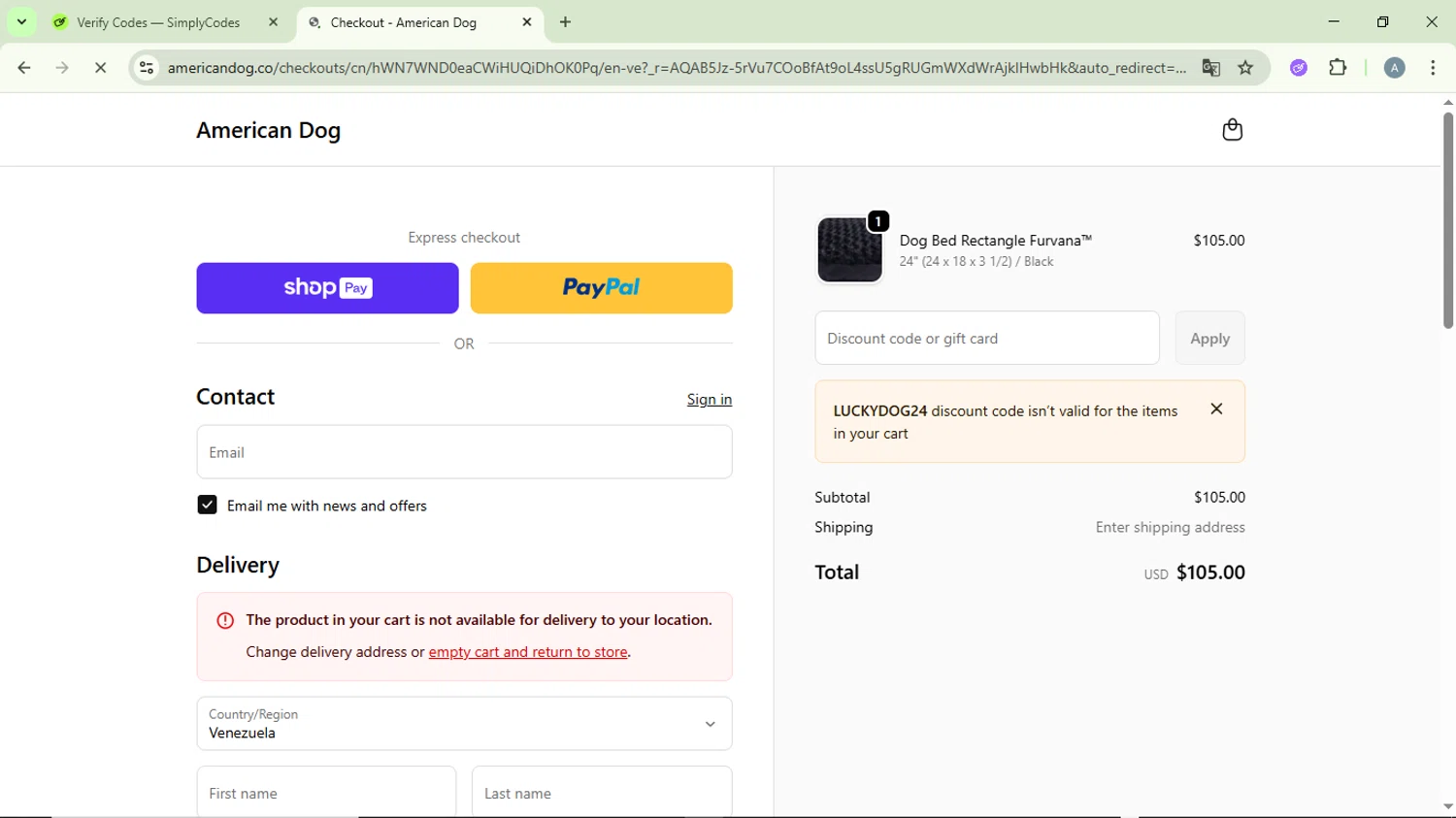 American Dog promo code screenshot showing code LUCKYDOG24 applied at American Dog checkout page. Uploaded by SimplyCodes community member DiscountVirtuoso6243 on Jan 12, 2026