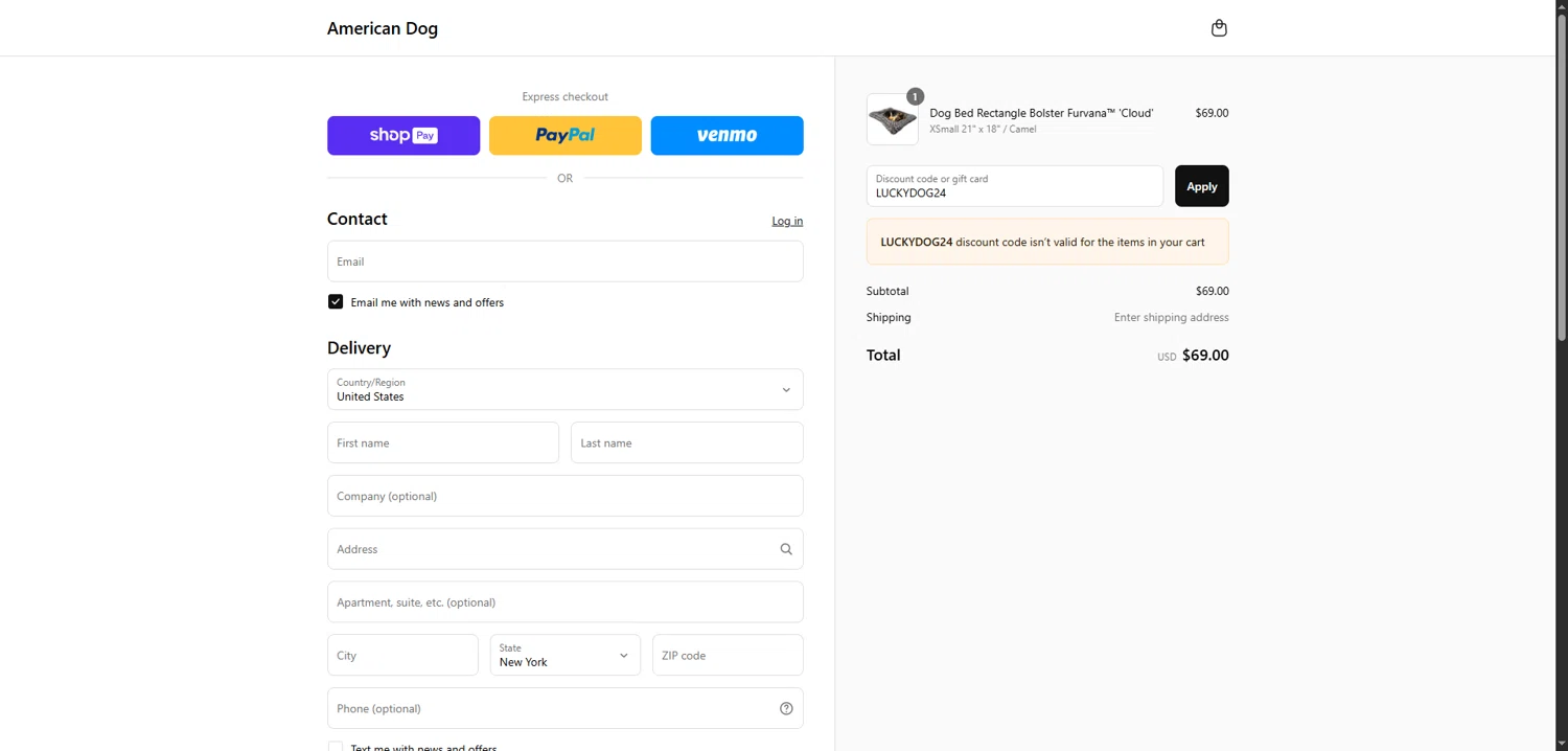 American Dog promo code screenshot showing code LUCKYDOG24 applied at American Dog checkout page. Uploaded by SimplyCodes community member ShieldLion4225 on Jun 23, 2025