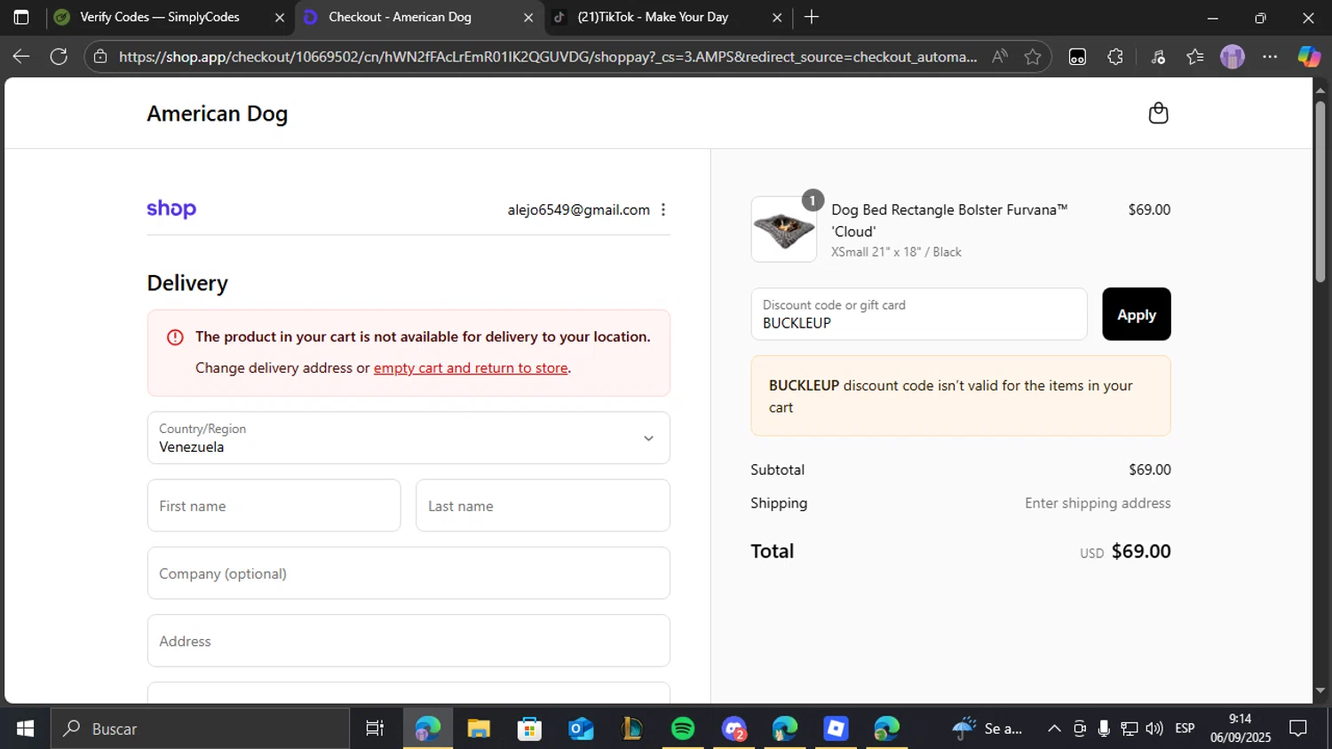 American Dog promo code screenshot showing code BUCKLEUP applied at American Dog checkout page. Uploaded by SimplyCodes community member THEBANANA on Sep 6, 2025