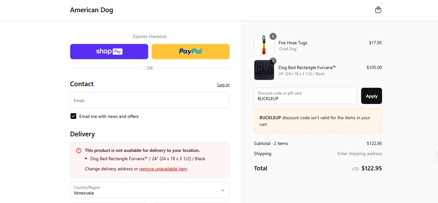 American Dog promo code screenshot showing code BUCKLEUP applied at American Dog checkout page. Uploaded by SimplyCodes community member ashe1986 on Jul 10, 2025