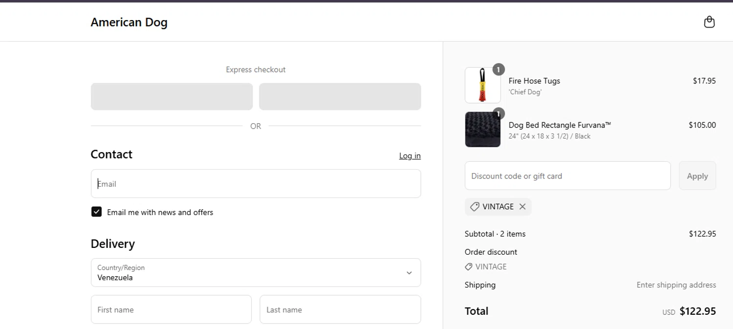 American Dog promo code screenshot showing code VINTAGE applied at American Dog checkout page. Uploaded by SimplyCodes community member ashe1986 on Jun 23, 2025