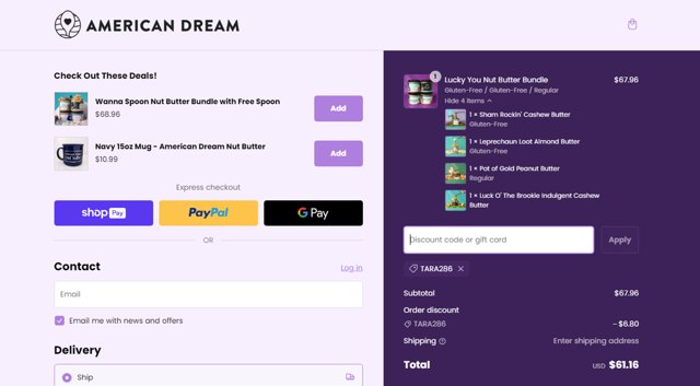 American Dream Nut Butter checkout page showing American Dream Nut Butter discount code box | Screenshot taken by SimplyCodes community member on Feb 27, 2025
