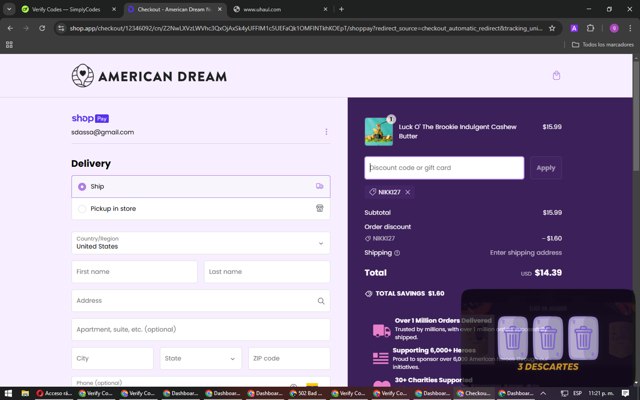 American Dream Nut Butter checkout page showing American Dream Nut Butter discount code box | Screenshot taken by SimplyCodes community member on Feb 27, 2025