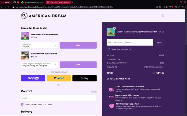American Dream Nut Butter checkout page showing American Dream Nut Butter discount code box | Screenshot taken by SimplyCodes community member on Feb 28, 2025