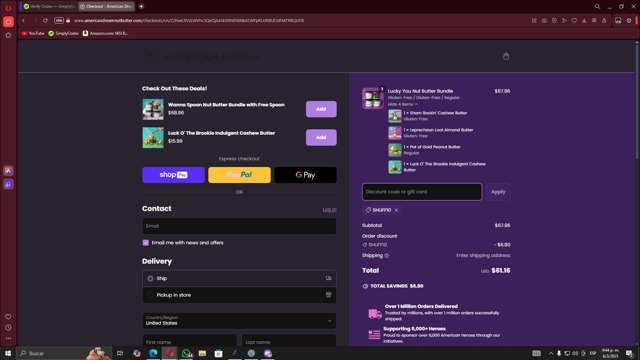 American Dream Nut Butter checkout page showing American Dream Nut Butter discount code box | Screenshot taken by SimplyCodes community member on Mar 7, 2025