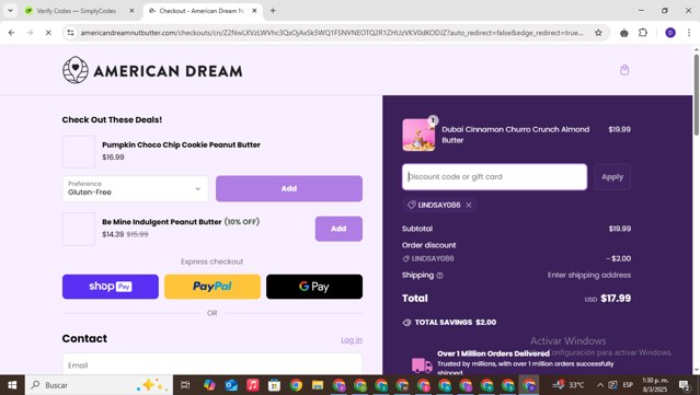 American Dream Nut Butter checkout page showing American Dream Nut Butter discount code box | Screenshot taken by SimplyCodes community member on Mar 8, 2025