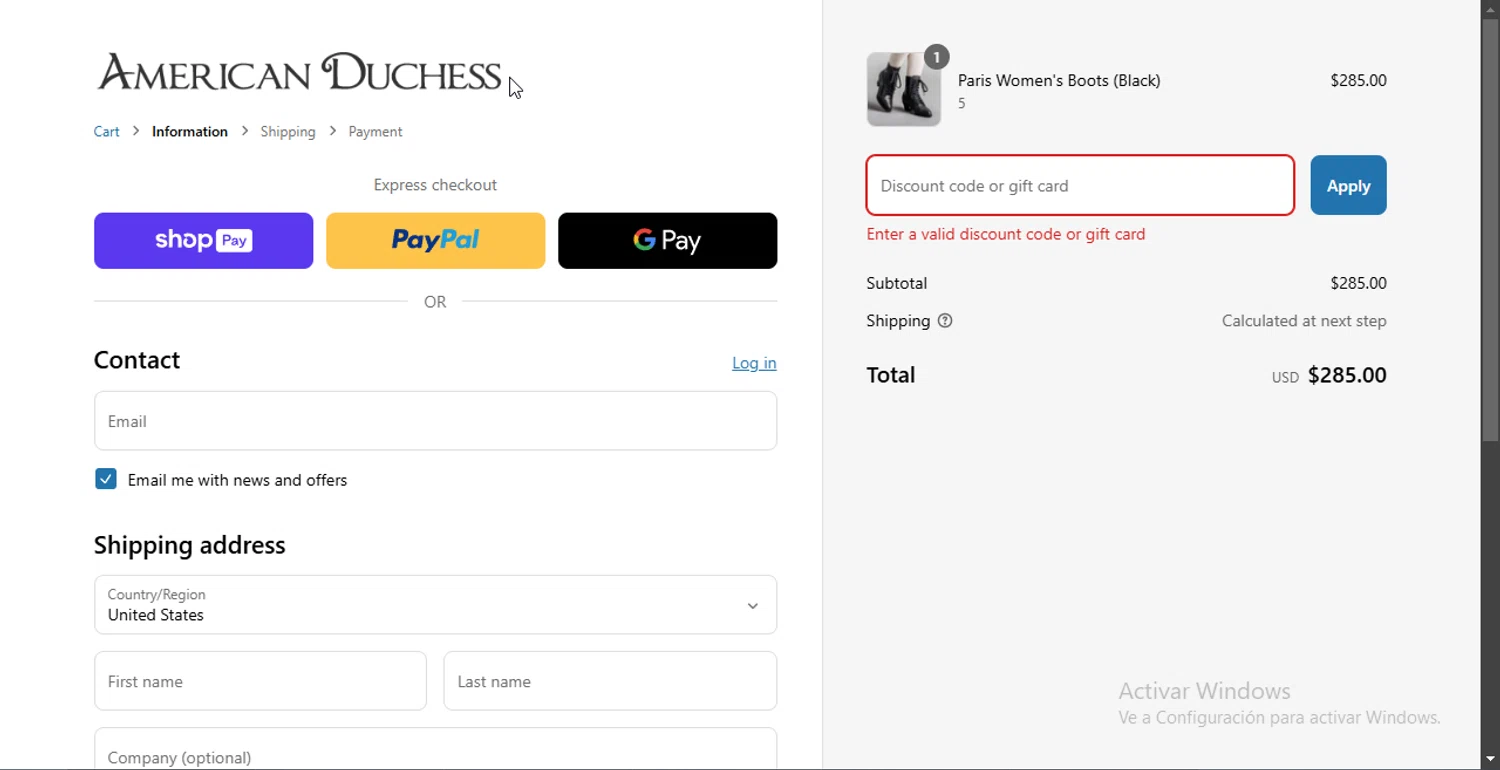 American Duchess discount code screenshot showing code 10YEARS applied at American Duchess checkout page. Uploaded by SimplyCodes community member Jsjsjsjsjsjsjs on Mar 13, 2025