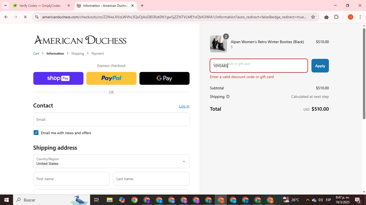American Duchess discount code screenshot showing code 10YEARS applied at American Duchess checkout page. Uploaded by SimplyCodes community member ExtraordinaryNavigator393 on Mar 20, 2025