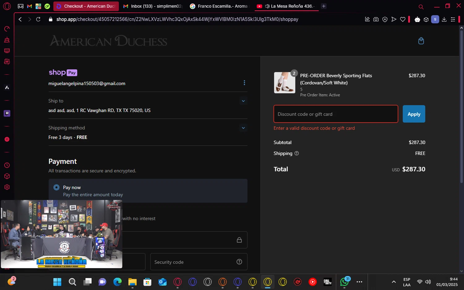American Duchess discount code screenshot showing code 10YEARS applied at American Duchess checkout page. Uploaded by SimplyCodes community member cajax_manda on Mar 1, 2025