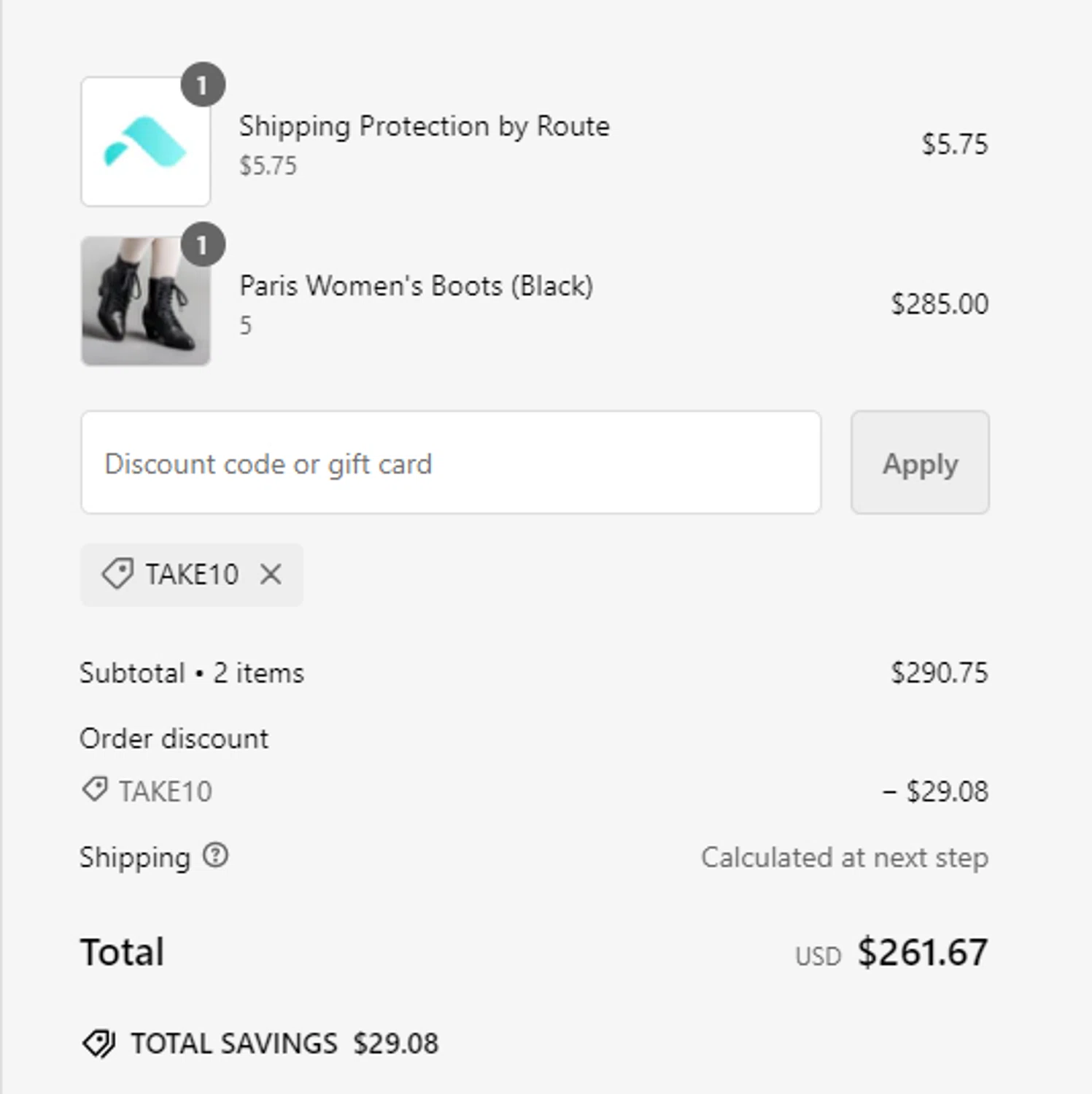 American Duchess checkout page showing American Duchess discount code box | Screenshot taken by SimplyCodes community member on Oct 9, 2024