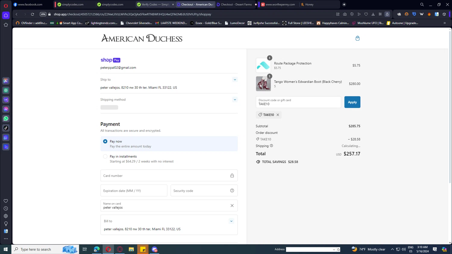 American Duchess checkout page showing American Duchess discount code box | Screenshot taken by SimplyCodes community member on May 16, 2024