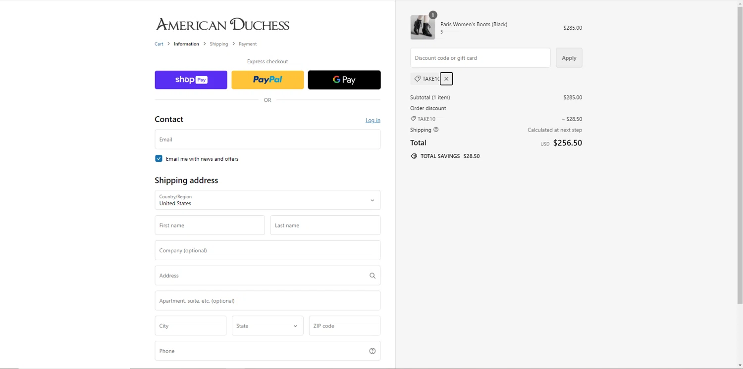 American Duchess checkout page showing American Duchess discount code box | Screenshot taken by SimplyCodes community member on Sep 9, 2024
