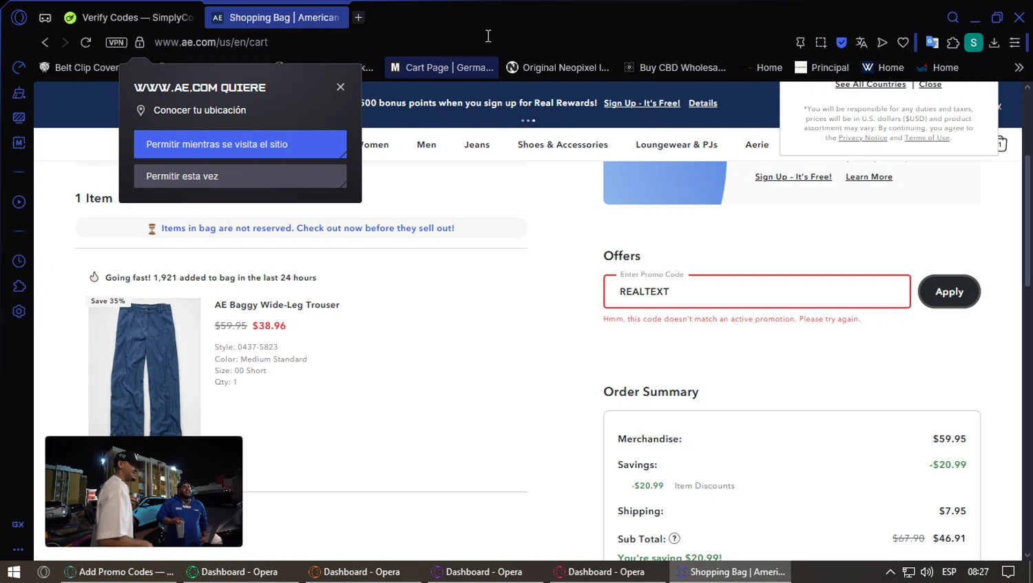American Eagle promo code screenshot showing code REALTEXT applied at American Eagle checkout page. Uploaded by SimplyCodes community member PennyFox1280 on Aug 22, 2025