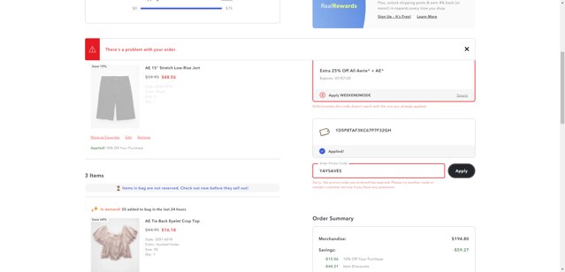 American Eagle checkout page showing American Eagle promo code box | Screenshot taken by SimplyCodes community member on Jul 6, 2025