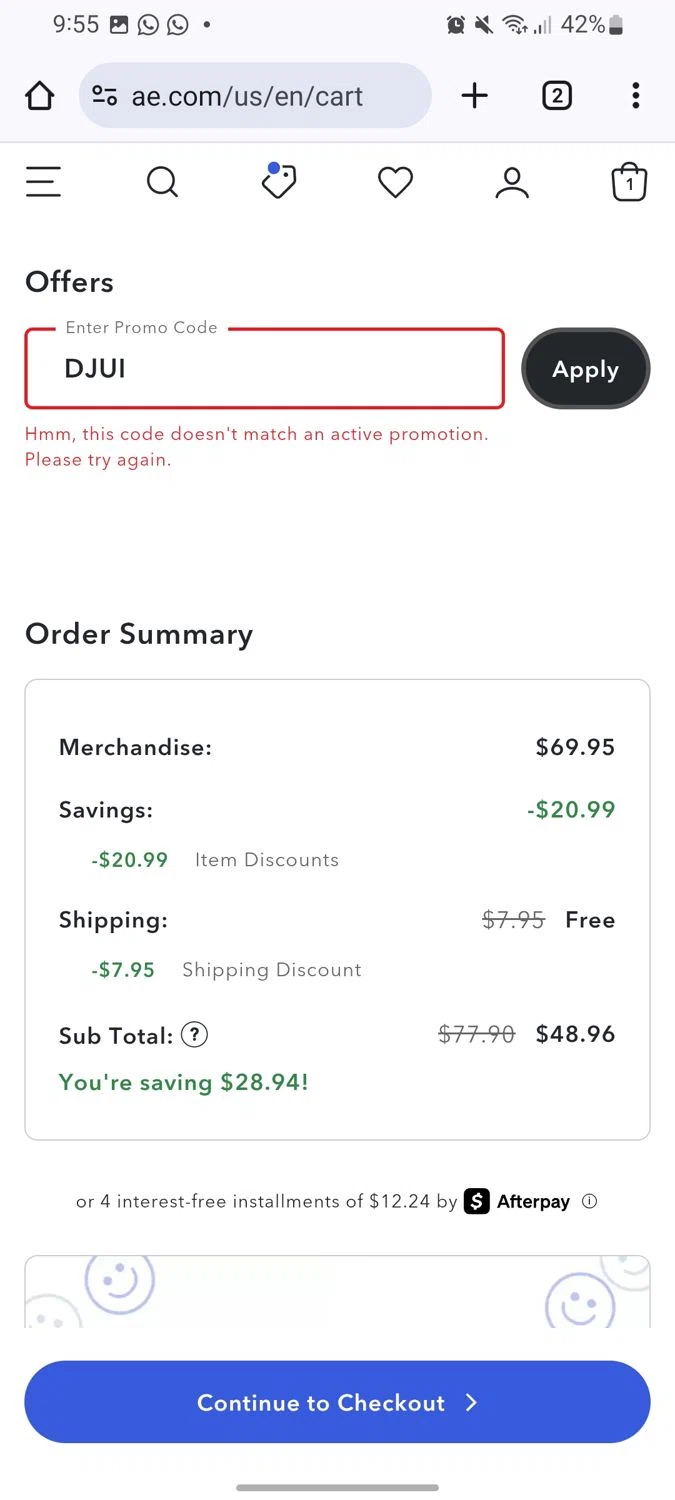 American Eagle promo code screenshot showing code DJUI applied at American Eagle checkout page. Uploaded by SimplyCodes community member GleywilmarReyes on May 27, 2025