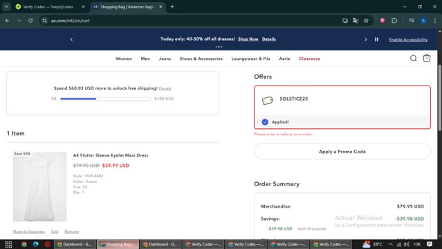American Eagle checkout page showing American Eagle promo code box | Screenshot taken by SimplyCodes community member on Jun 19, 2025