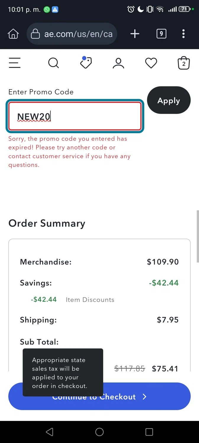 American Eagle promo code screenshot showing code NEW20 applied at American Eagle checkout page. Uploaded by SimplyCodes community member George07 on Aug 6, 2025