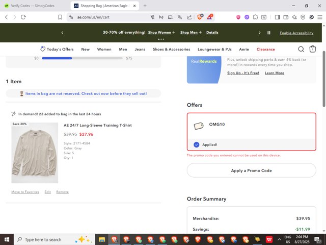 American Eagle checkout page showing American Eagle promo code box | Screenshot taken by SimplyCodes community member on Aug 27, 2025