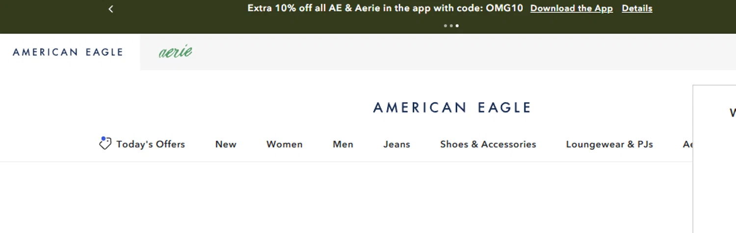 American Eagle promo code screenshot showing code OMG10 applied at American Eagle checkout page. Uploaded by SimplyCodes community member abundancia on Aug 27, 2025