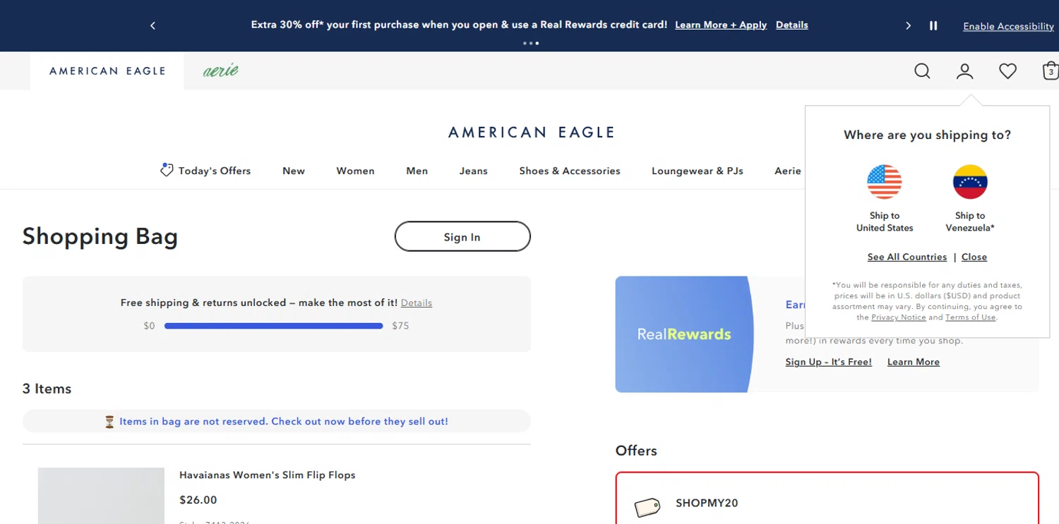 American Eagle promo code screenshot showing code SHOPMY20 applied at American Eagle checkout page. Uploaded by SimplyCodes community member reimalave10 on Aug 6, 2025