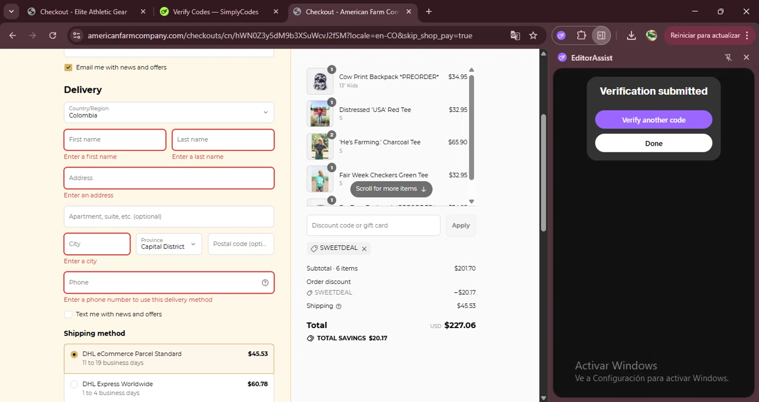 American Farm Company discount code screenshot showing code SWEETDEAL applied at American Farm Company checkout page. Uploaded by SimplyCodes community member RewardDefender7173 on Jul 13, 2025