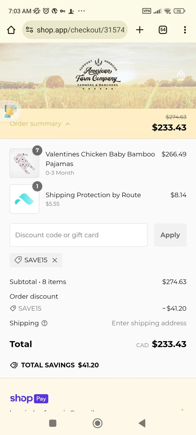 American Farm Company discount code screenshot showing code SAVE15 applied at American Farm Company checkout page. Uploaded by SimplyCodes community member Josemedina on Jan 22, 2025