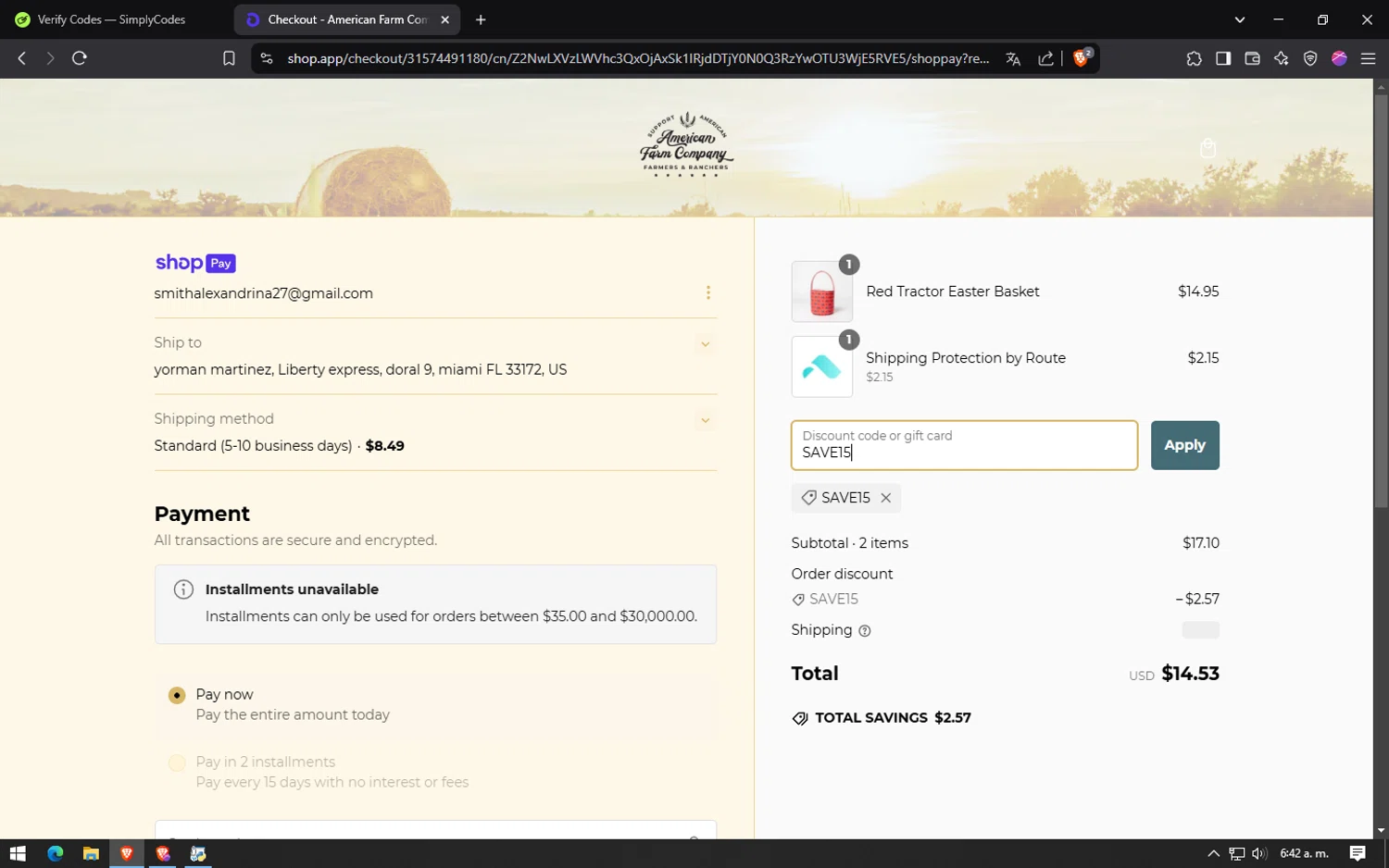American Farm Company discount code screenshot showing code SAVE15 applied at American Farm Company checkout page. Uploaded by SimplyCodes community member CouponElite4658 on Feb 20, 2025