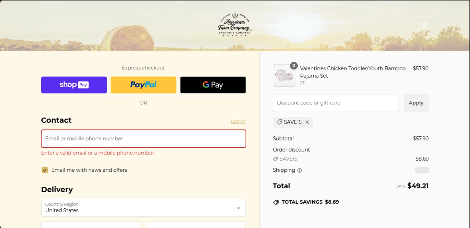 American Farm Company discount code screenshot showing code SAVE15 applied at American Farm Company checkout page. Uploaded by SimplyCodes community member DealFinder8915 on Jan 22, 2025